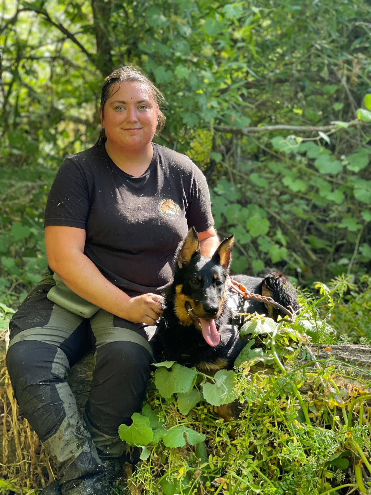 A trainer kneeling in green brush beside a black and tan dog